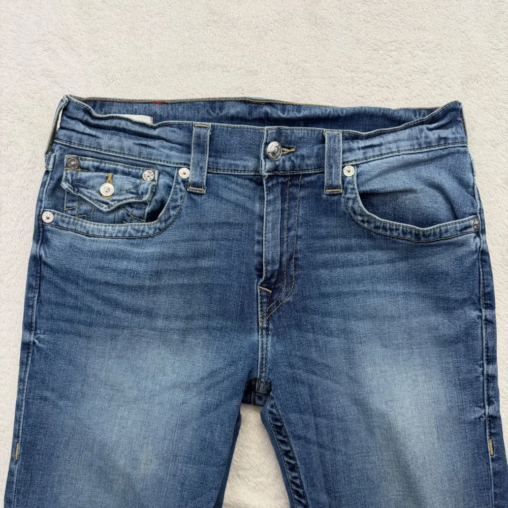 True Religion Rocco Jeans 33x34 Blue Relaxed Skinny Wave Runner Denim Flaps